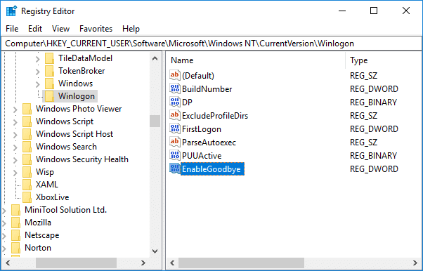 Nombre este DWORD recién creado como EnableGoodbye y presione Entrar |  Cómo usar el bloqueo dinámico en Windows 10