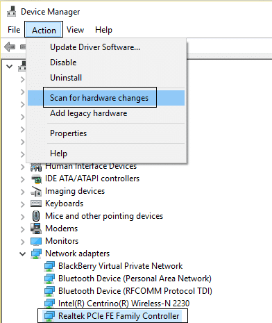 haga clic en acción y luego busque cambios de hardware