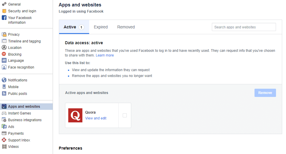 Puede eliminar aplicaciones en las que haya iniciado sesión usando Facebook en la Verificación de privacidad