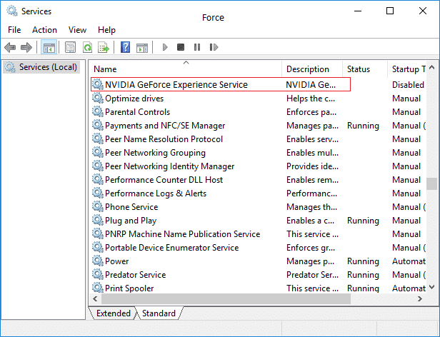 Haga clic con el botón derecho en NVIDIA GeForce Experience Service y seleccione Iniciar