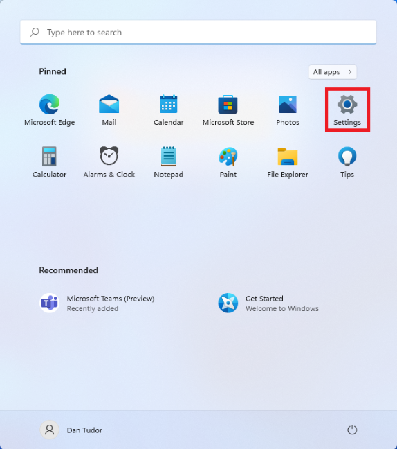 Puede encontrar el ícono de configuración presionando el botón Inicio