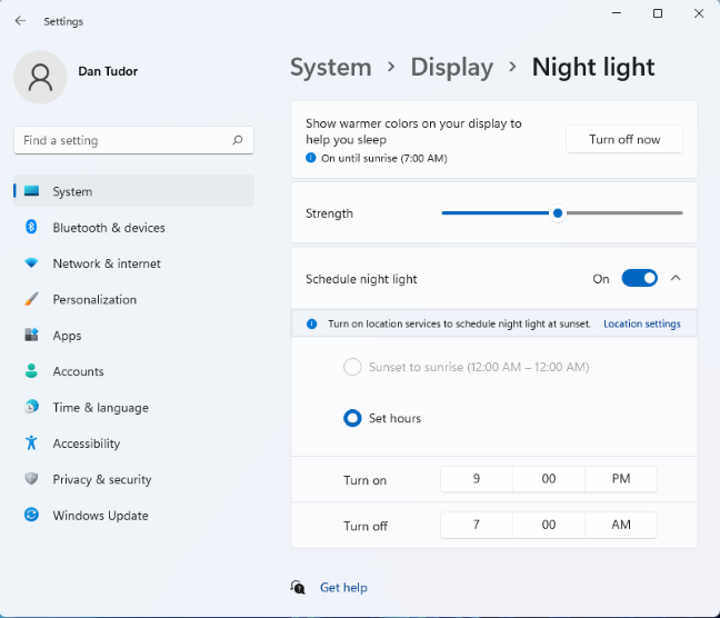 Modificar la configuración de luz nocturna en Windows 11