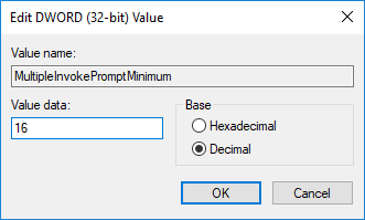 Haga doble clic en MultipleInvokePromptMinimum para cambiar su valor |  Solucione los elementos del menú contextual que faltan cuando se seleccionan más de 15 archivos