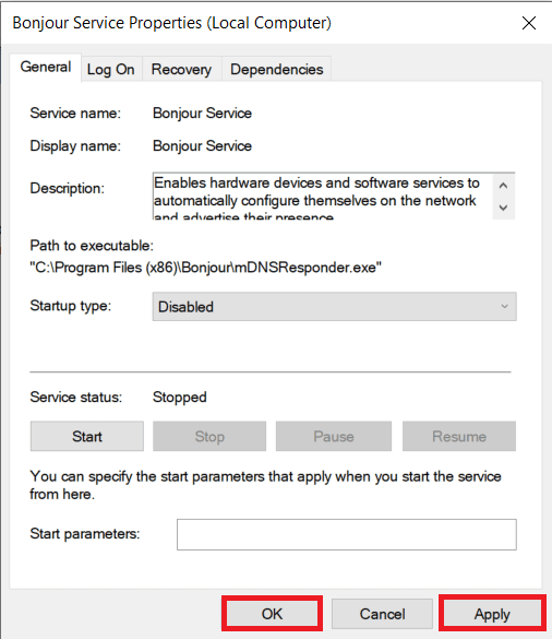 Haga clic en el botón Aplicar y luego haga clic en Aceptar para salir |  ¿Qué es el servicio Bonjour en Windows 10?