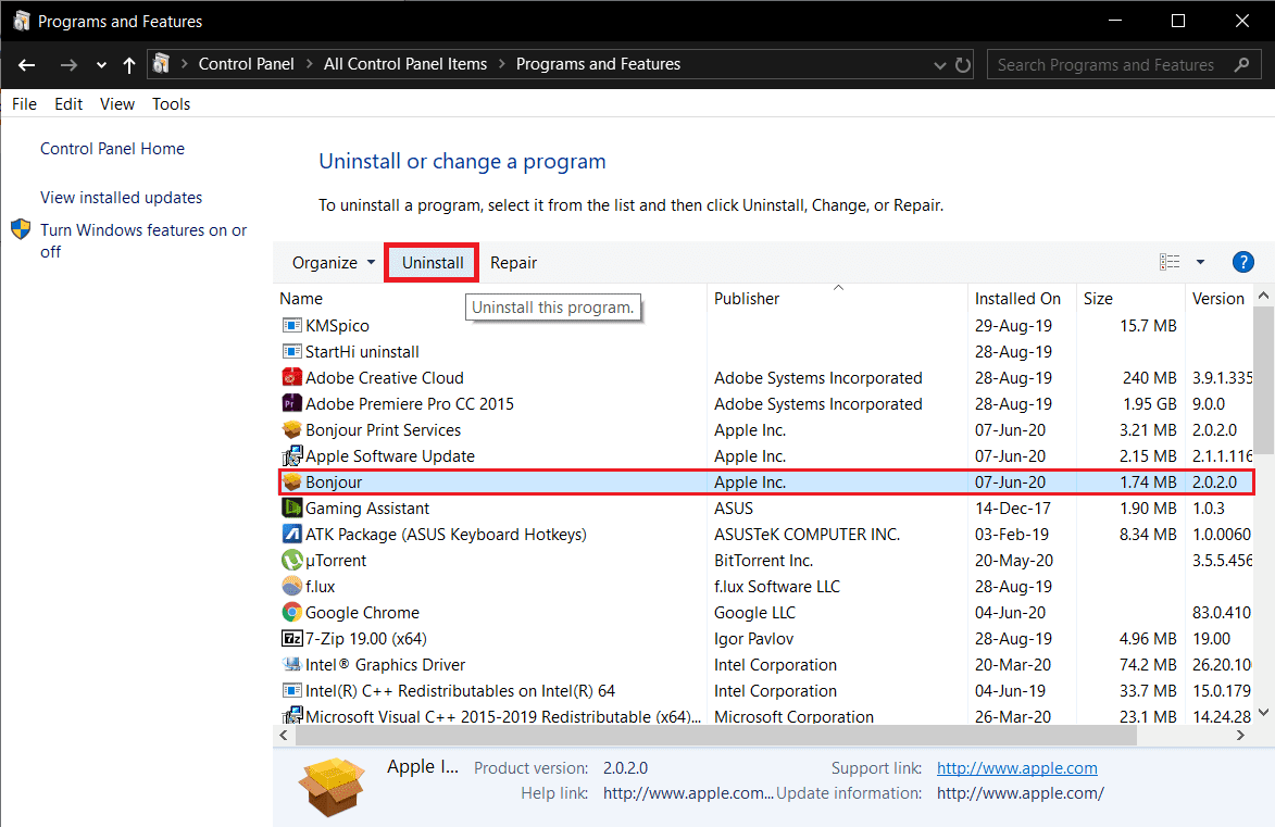 Haga clic en el botón Desinstalar en la parte superior para desinstalar la aplicación Bonjour