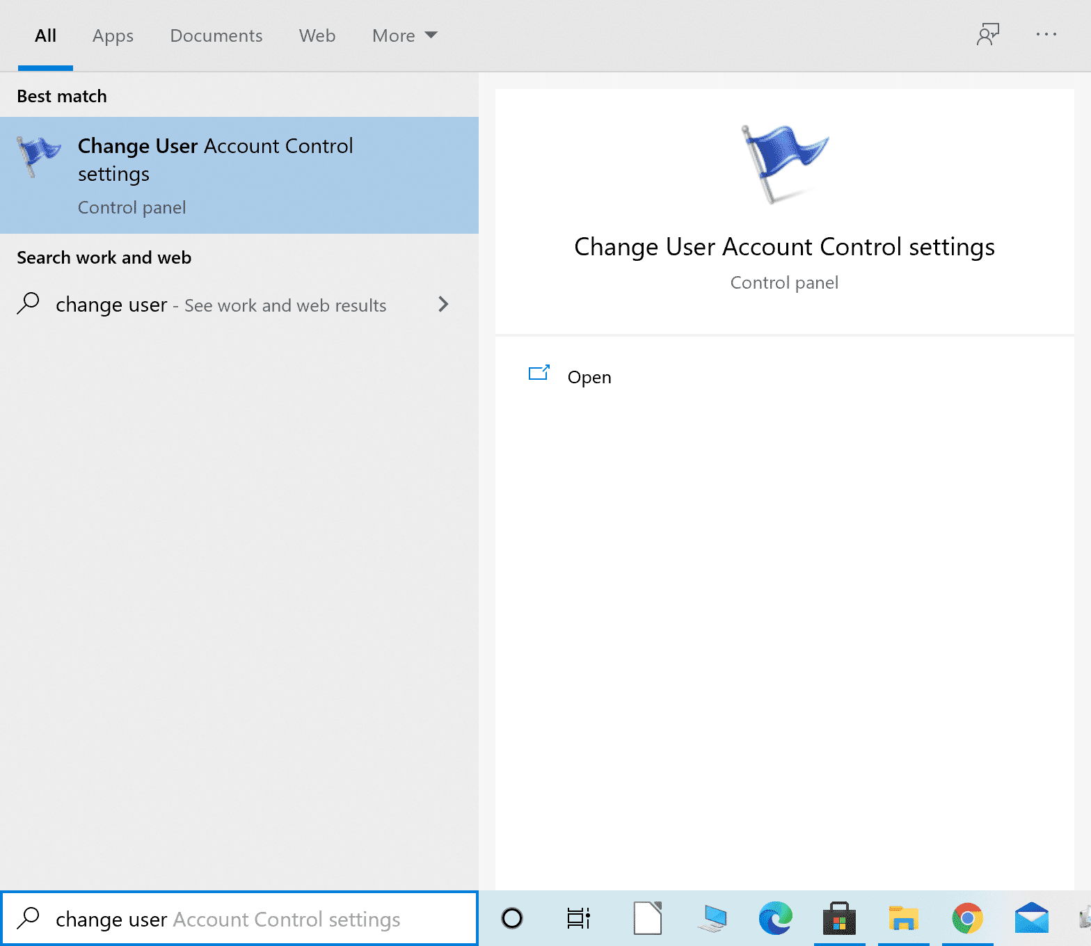 Escriba y seleccione 'Cambiar configuración de control de cuentas de usuario' en el menú de búsqueda de Windows