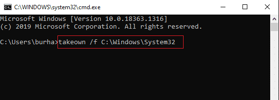 escriba takeown f CWindowsSystem32 y presione Entrar |  Se corrigió el error al enumerar objetos en el contenedor