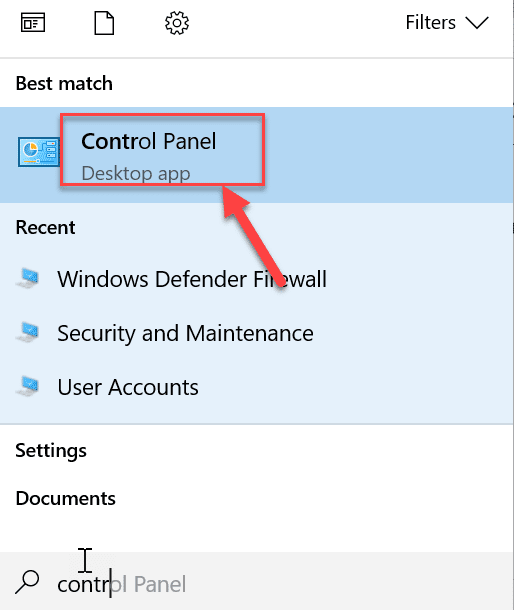 Busque el Panel de control usando la Búsqueda de Windows | Cree una copia de seguridad completa de su Windows 10 (imagen del sistema)