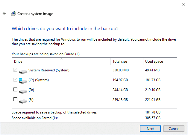 Seleccione las unidades que desea incluir en la copia de seguridad | Cree una copia de seguridad completa de su Windows 10 (Imagen del sistema)