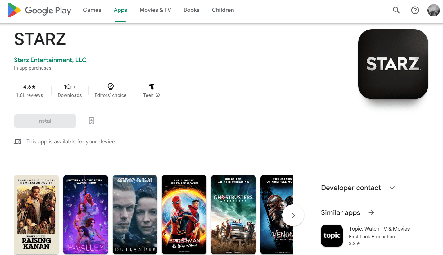 Aplicación STARZ Android Play Store
