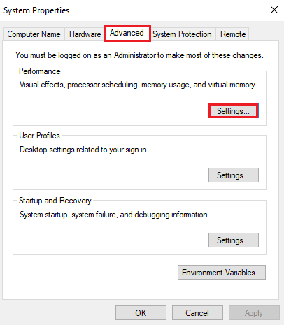 haga clic en Configuración en Rendimiento