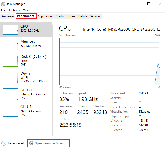 Vaya a la pestaña Rendimiento y haga clic en Abrir monitor de recursos