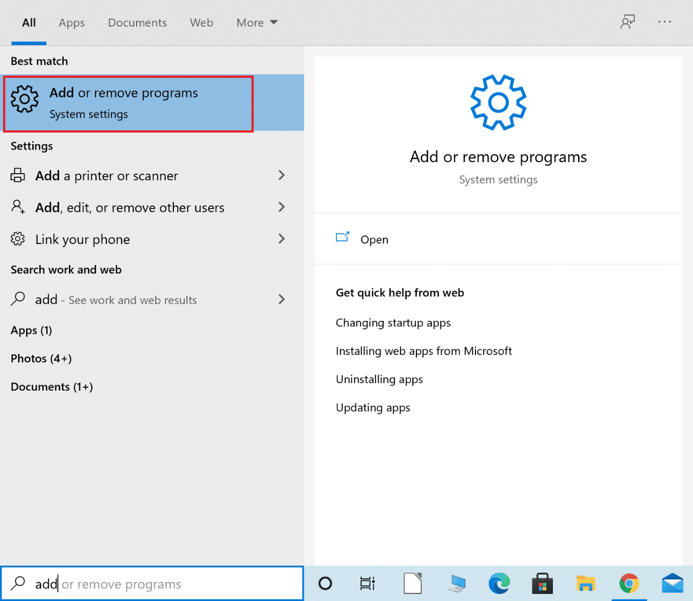 Escriba Agregar o quitar programas en la búsqueda de Windows | Reparar el código de error de Destiny 2 Broccoli en Windows 10