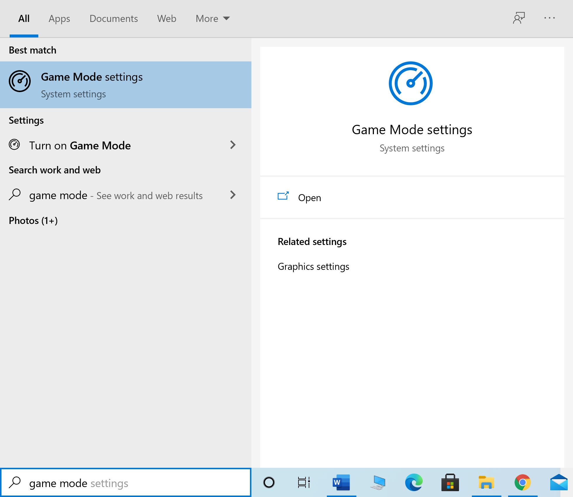 Escriba la configuración del modo de juego en la búsqueda de Windows y ejecútelo desde el resultado de la búsqueda