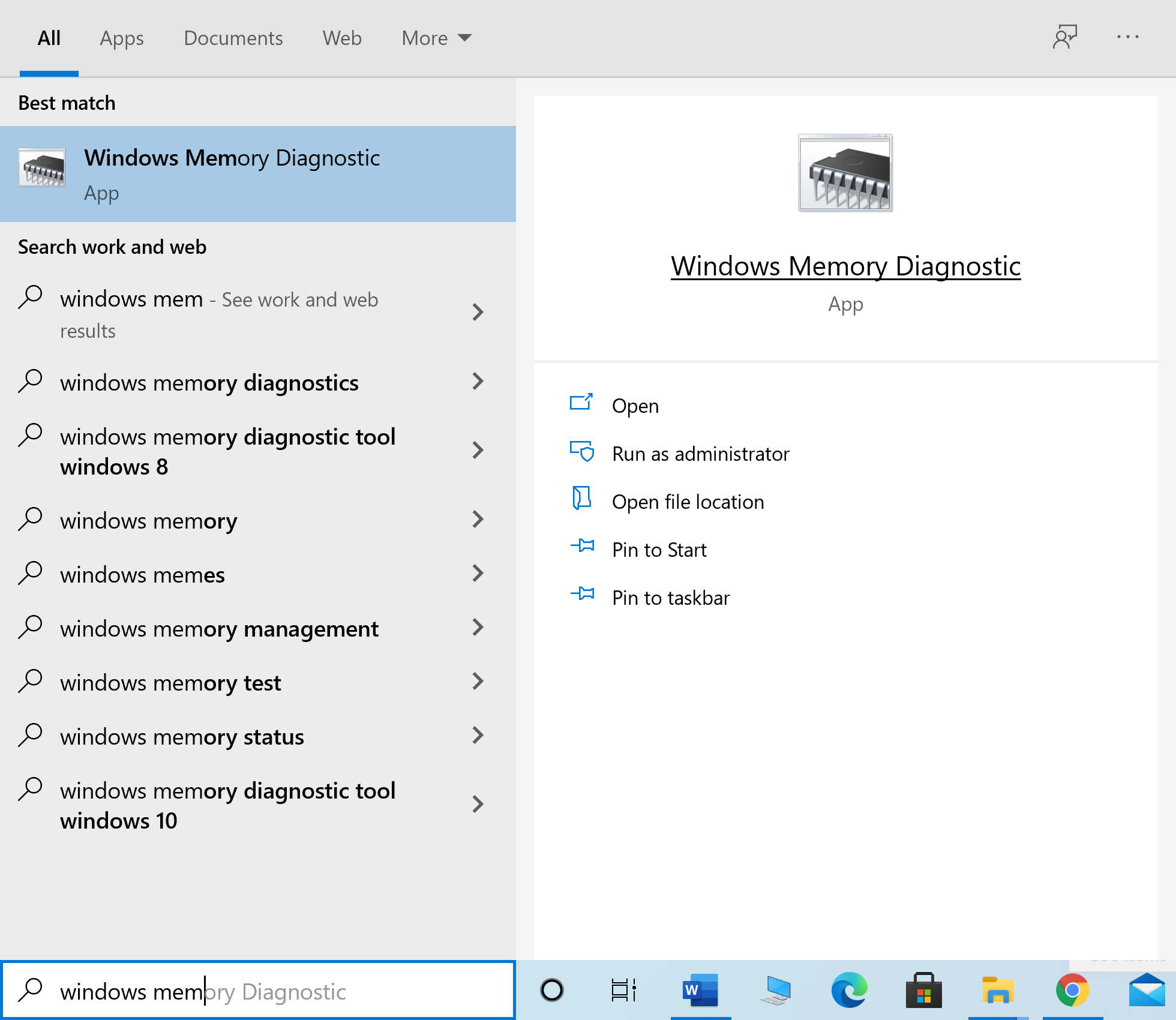 Escriba Diagnóstico de memoria de Windows en la búsqueda de Windows y ejecútelo desde el resultado de la búsqueda