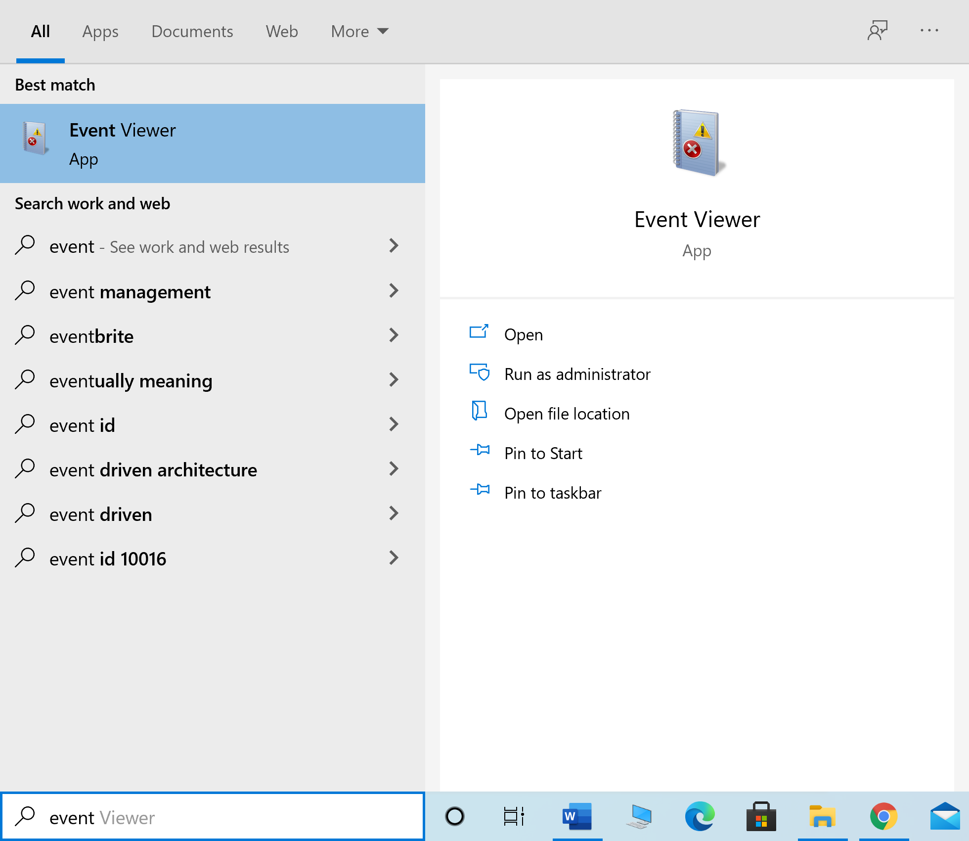 Escriba Visor de eventos en la búsqueda de Windows y ejecútelo desde allí |  Arreglar Destiny 2 Código de error Brócoli