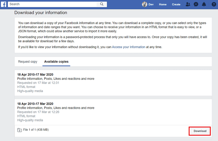 descargue los datos navegando a Copias disponibles y haga clic en Descargar.