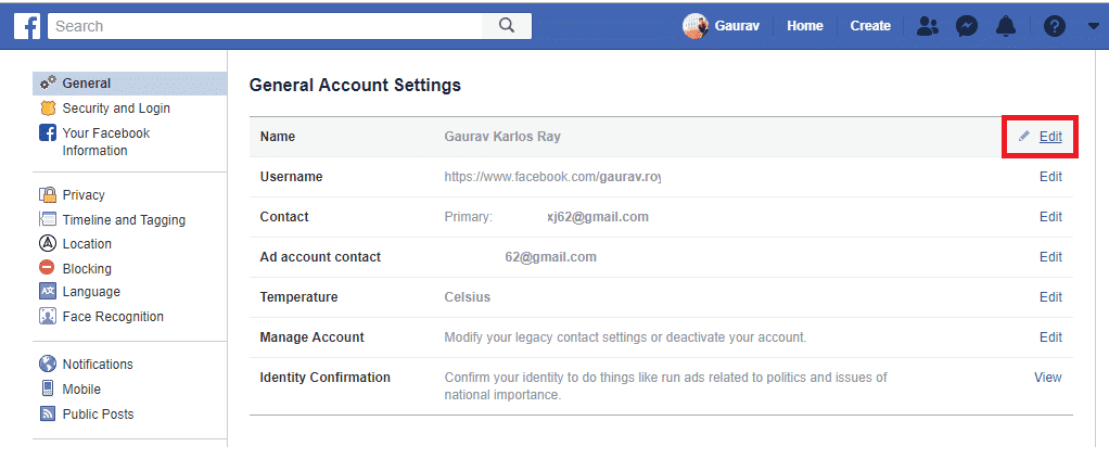 en la pestaña “General” haga clic en el botón editar en la opción Nombre.