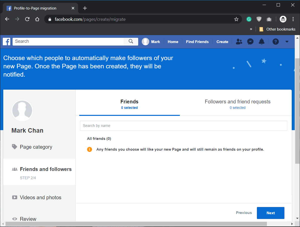 En el paso Amigos y seguidores, seleccione los amigos a los que les gustaría su página