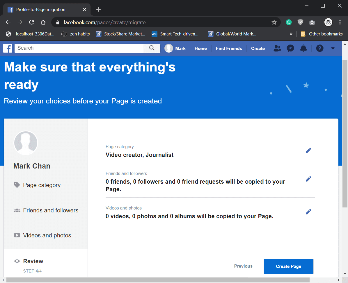 Revise sus opciones y haga clic en el botón Crear página