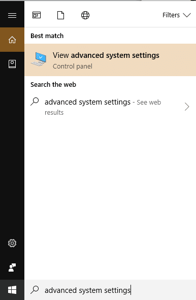 Busque configuraciones avanzadas del sistema usando la barra de búsqueda |  Arreglar el enrutador inalámbrico sigue cayendo