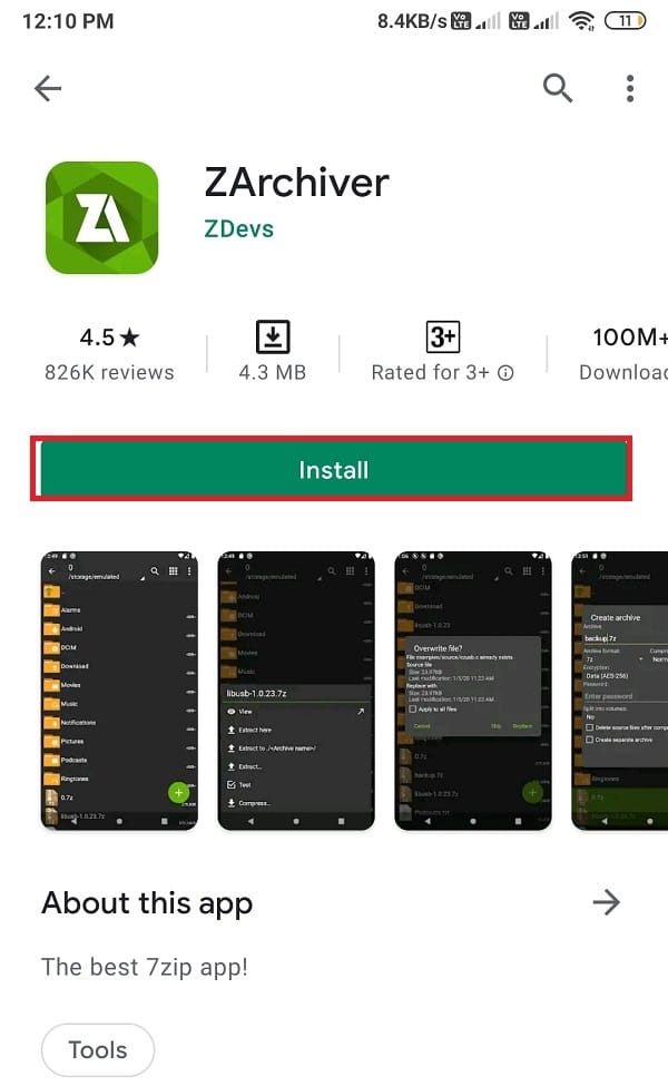 Instale ZArchiver desde Google Play Store y ábralo