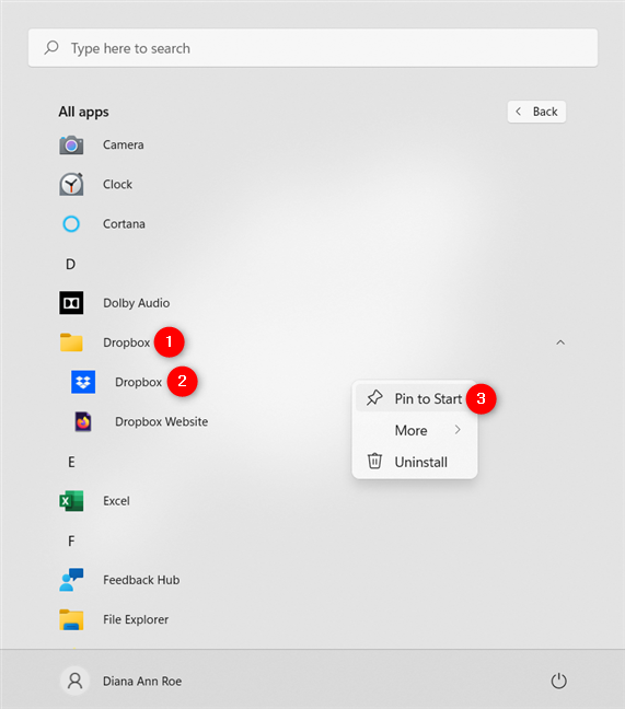 Abra la carpeta que contiene para anclar una aplicación a Inicio en Windows 11