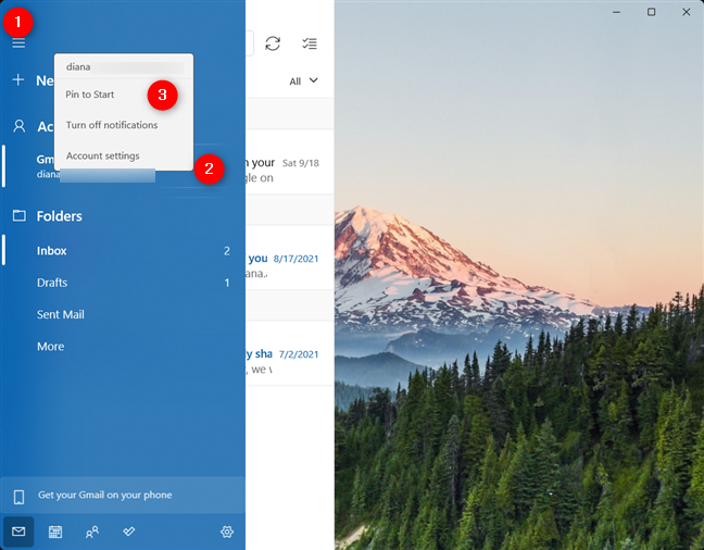 Pin para iniciar una cuenta de correo electrónico en Windows 11
