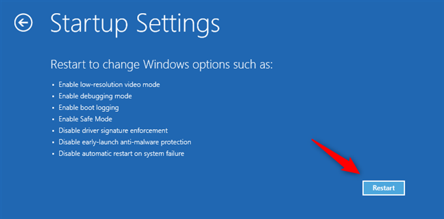 Configuración de inicio: elija Reiniciar para las opciones de modo seguro de Windows 10