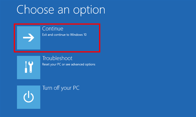 Elija Continuar para iniciar Windows 10 en modo seguro