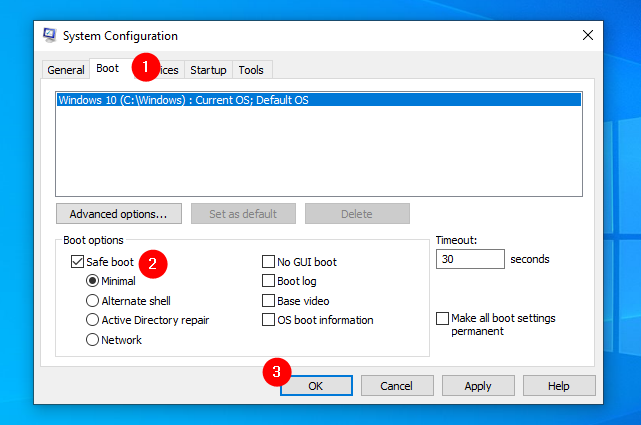 Cómo iniciar Windows 10 en modo seguro usando la configuración del sistema (msconfig)