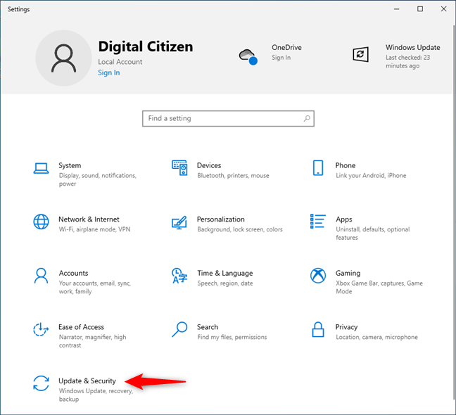 Actualización y seguridad en la aplicación de configuración de Windows 10