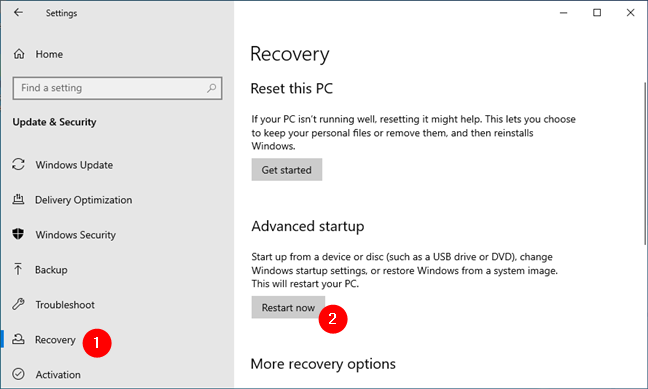 Opciones de recuperación de Windows 10