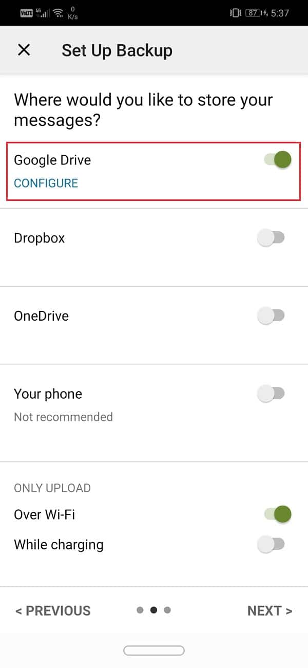 Dado que sus datos se almacenan en Google Drive, habilite el interruptor junto a ellos