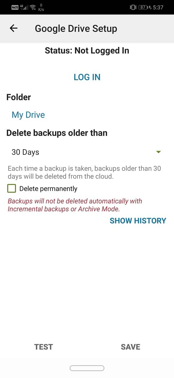 Toque el botón de inicio de sesión para conectar su Google Drive a esta aplicación |  copia de seguridad y restauración de mensajes de texto en Android