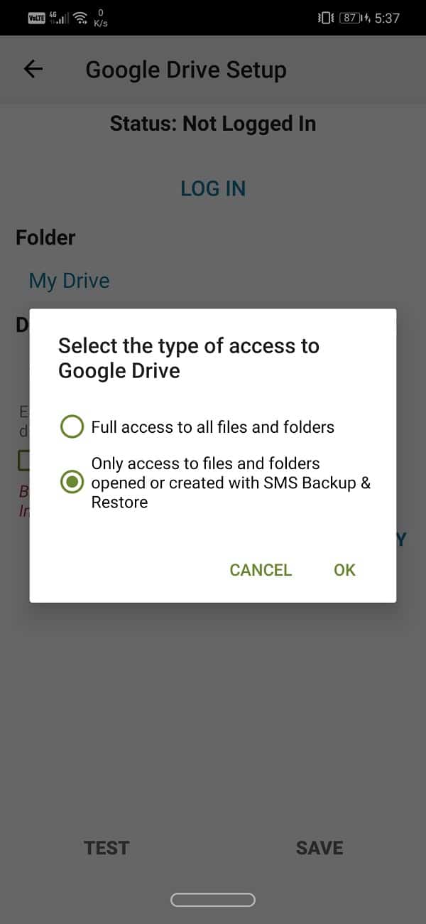 Seleccione archivos y carpetas creados por SMS Backup and Restore desde un menú emergente