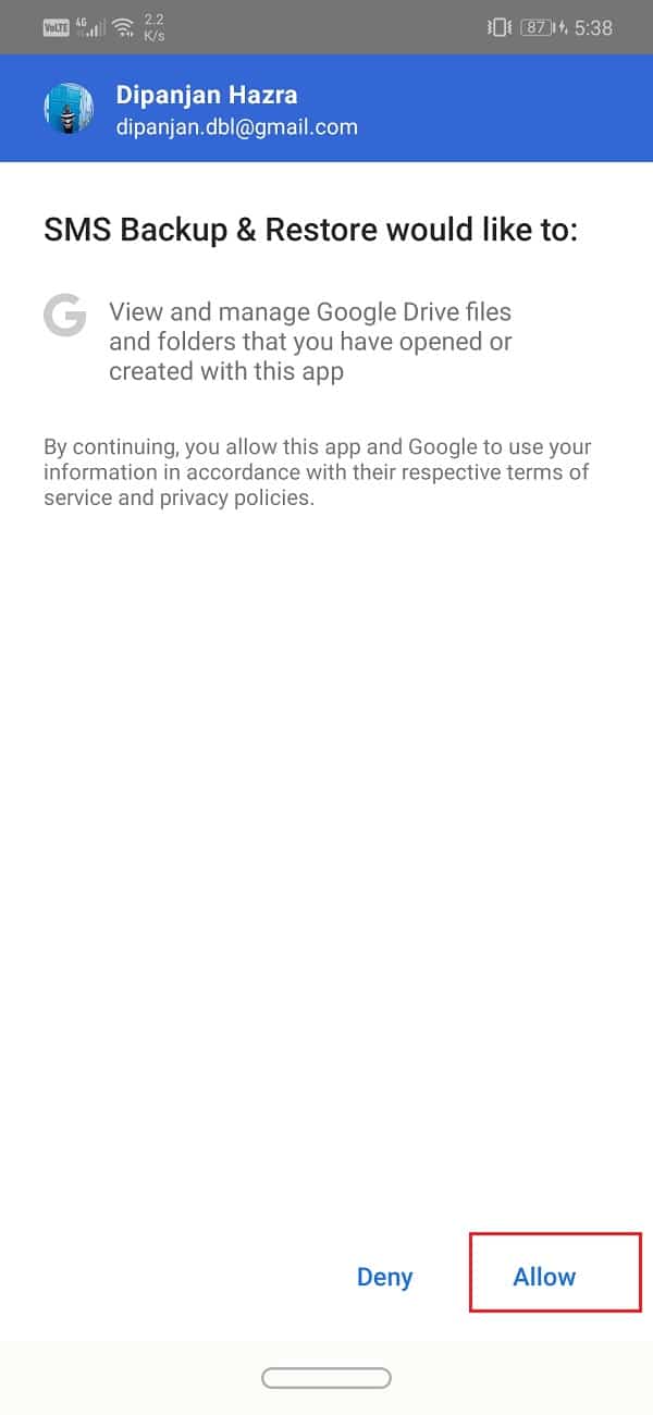 Toque el botón Permitir para otorgar acceso