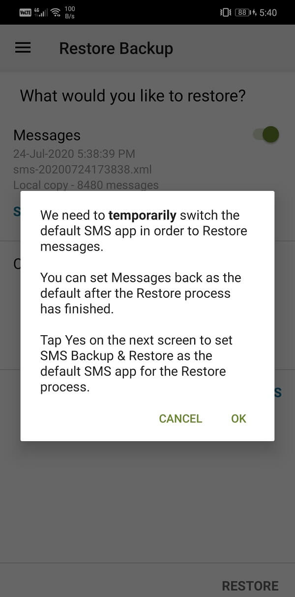 Solicitar permiso para configurar temporalmente SMS Backup and Restore como su aplicación de mensajería predeterminada