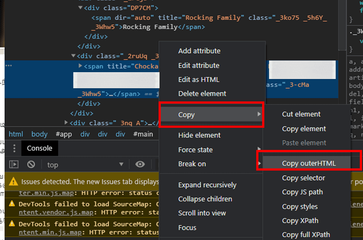 Mueva el cursor del mouse sobre la opción Copiar y seleccione Copiar HTML externo
