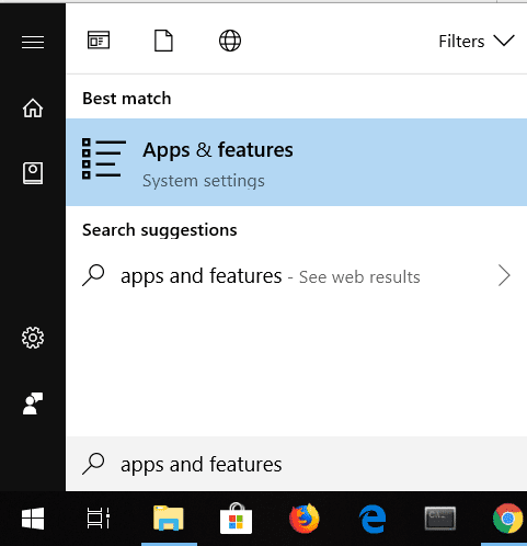 Escriba Aplicaciones y características en la búsqueda | Deshabilitar OneDrive en PC con Windows 10