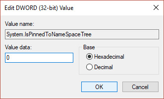 Cambie el valor de System.IsPinnedToNameSpaceTree a 0 | Deshabilitar OneDrive en PC con Windows 10