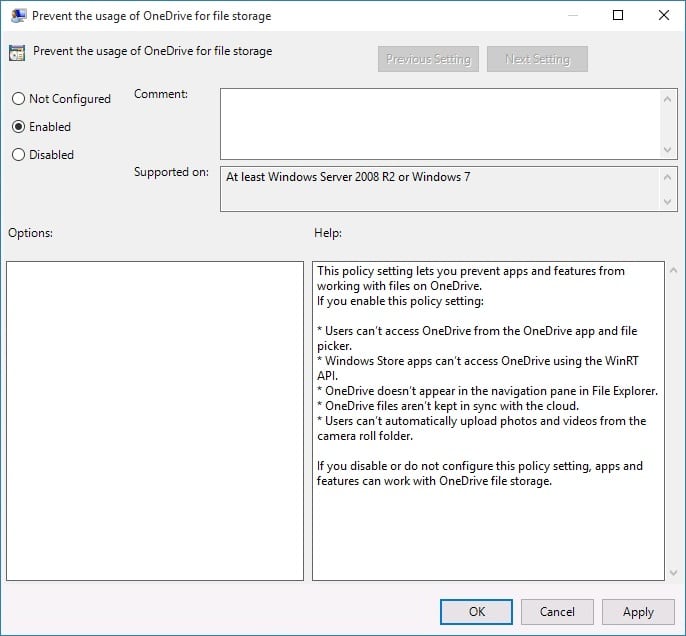 Habilitar Impedir el uso de OneDrive para el almacenamiento de archivos | Deshabilitar OneDrive en PC con Windows 10