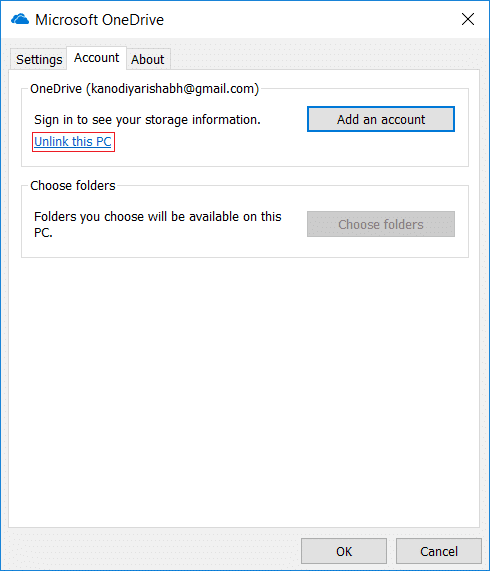 Cambie a la pestaña Cuenta y luego haga clic en Desvincular esta PC