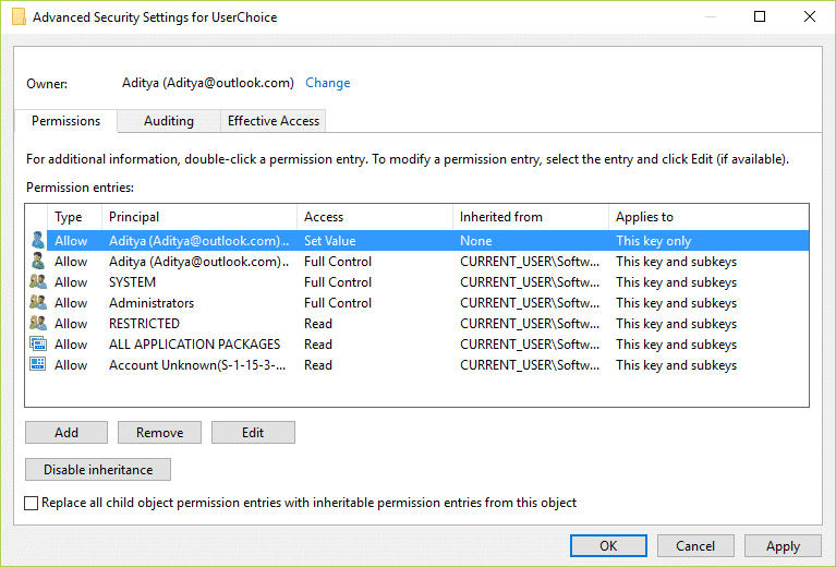 Asegúrese de que la cuenta local debe tener acceso (configurada para permitir) y establecida en un valor heredado de ninguno y solo aplicable a esta clave