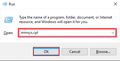 Una vez que aparezca el cuadro de diálogo Ejecutar en su pantalla, escriba mmsys.cpl y presione Enter