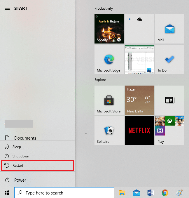 Haga clic en Encendido y seleccione Reiniciar | Arreglar la tartamudez de audio en Windows 10