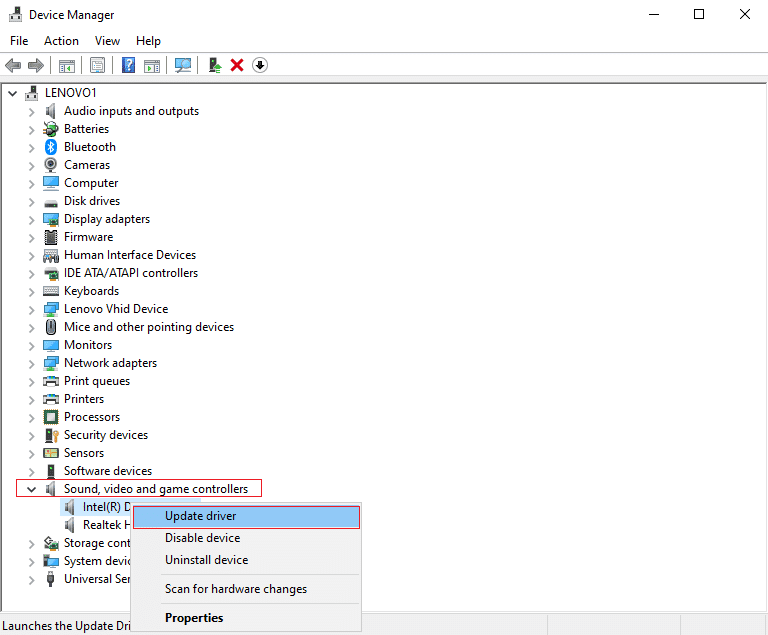 Haga clic derecho en el controlador de sonido y seleccione Actualizar controlador | Arreglar la tartamudez de audio en Windows 10