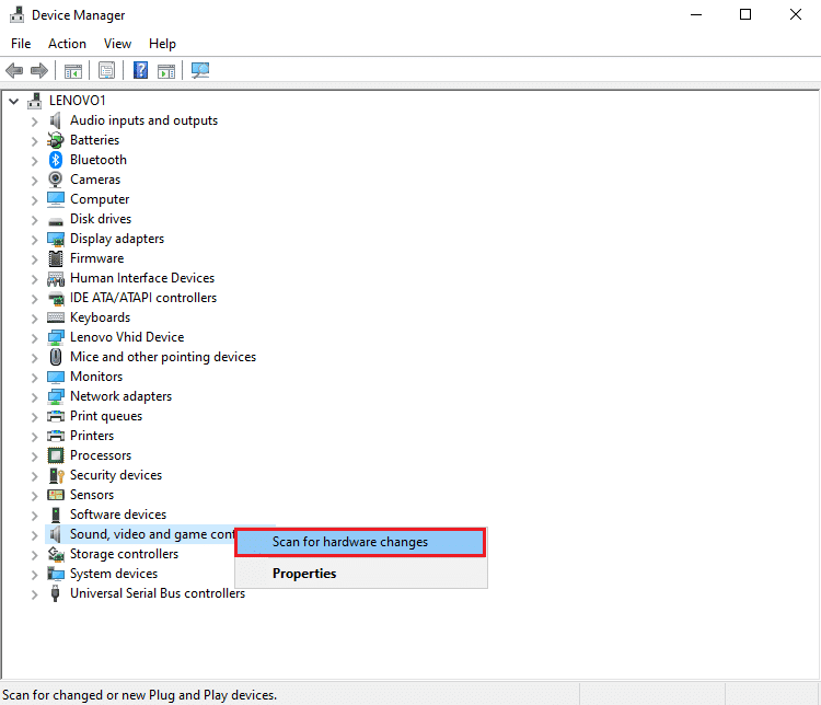 Haga clic derecho en la pantalla y seleccione Buscar cambios de hardware | Arreglar la tartamudez de audio en Windows 10