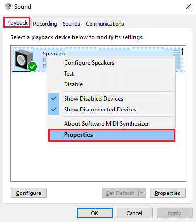 Haga clic derecho en su dispositivo de reproducción predeterminado y haga clic en Propiedades | Arreglar la tartamudez de audio en Windows 10
