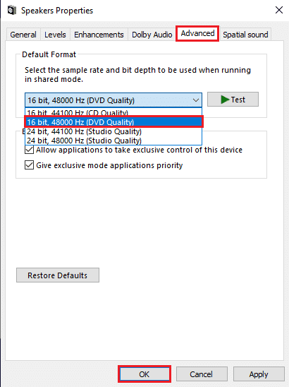 Haga clic en Aplicar y luego en Aceptar para implementar estos cambios | Arreglar la tartamudez de audio en Windows 10